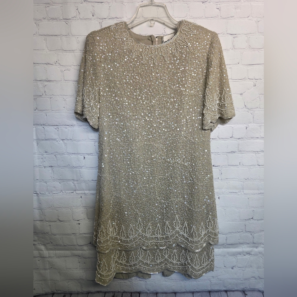 Camille Marie/ Vintage Elegant Silk Beige Sequin & Beaded Dress